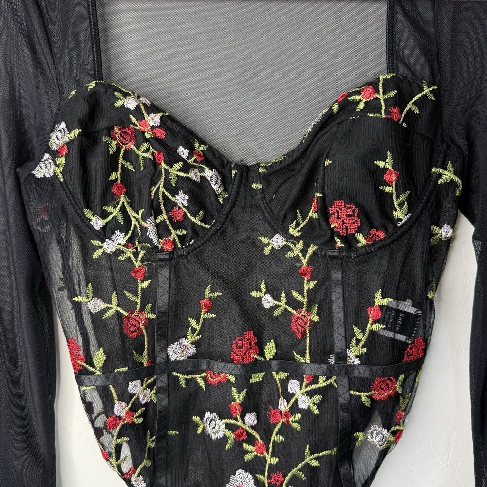 Womens Large Sheer Fairy Grunge Floral Long Sleeve Bodysuit Whimsigoth Ethereal - Picture 3 of 13